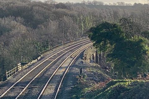 Railway tracks curving off to right over viaduct in a wooded setting