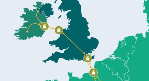 Graphic of the UK landbridge concept showing a route from roughly Dieppe to Folkestone, across England and Wales to Holyhead and Dublin