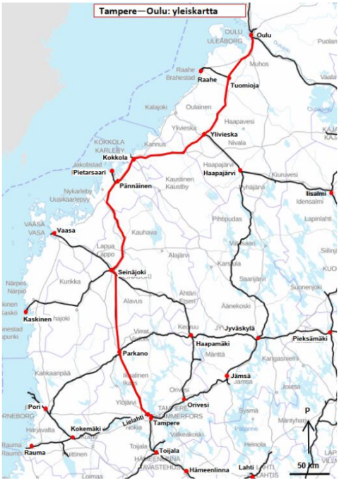 The railway Tampere - Oulu in red, map: TFIA