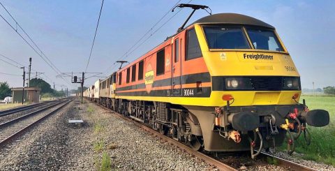 Freightliner electric locomotive three-quarter image view