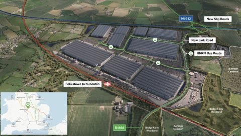 CGI impression of logistics park warehouses and rail terminal at Hinckley in East Midlands