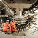 Engineers inside a huge tunnelling machine