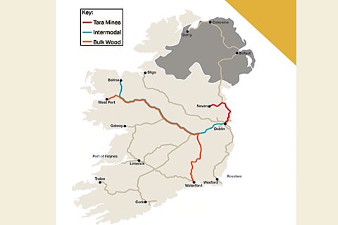 Map of Ireland showing rail freight routes as of 2023