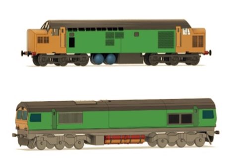 CGI drawings of diesel locomotives class 37 and class 66 retrofitted for dual fuel operation