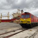 Freight train on the quayside in front of ship at Sunderland