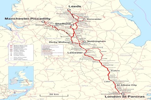 Map of the Midland Main Line between London and Sheffield