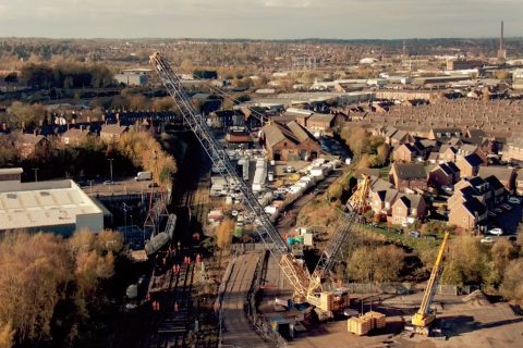 Aerial view of the Petteril Bridge crash site showing Carlisle in background