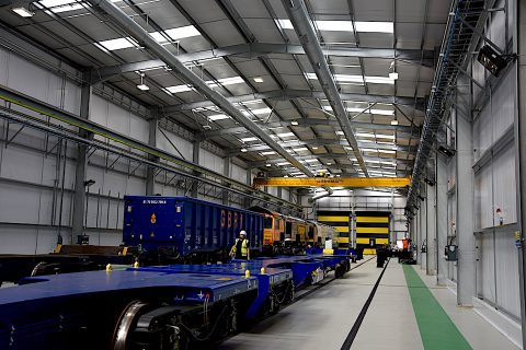 Inside GB Railfreight's new Maintenance Hub in Peterborough with the electrically operated doors closed