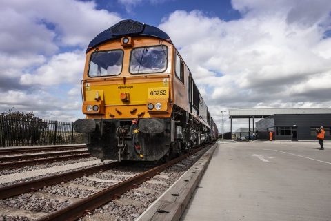 Train approaching viewed from ground level