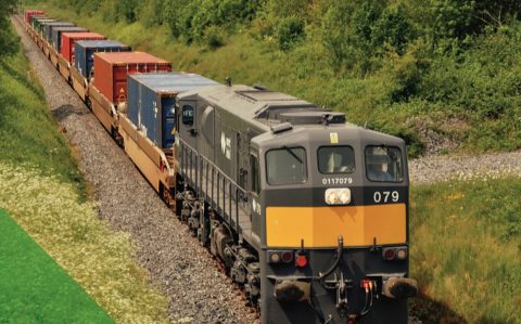 Irish intermodal train in open countryside