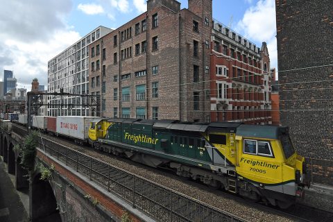 Freight train in industrial setting in Manchester