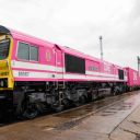 Freightliner locomotive in ONE pink livery