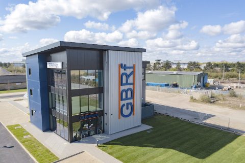 Drone shot of New England House, the headquarters of GBRf at Peterborough