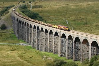 Infrastructure train crosses Culloden Viaduct south of Inverness